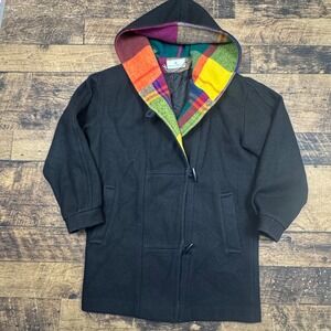 VTG Maggie Lawrence Wool Blend Toggle Coat Plaid Lined Hooded Black Multi Color
